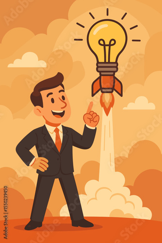 Innovative business idea launch concept. Cartoon businessman leader pointing at rocket light bulb. Metaphor for creativity, startup success, inspiration, and growth strategy vector.