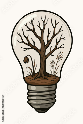Light bulb with dead nature inside. Withered tree and dying flower as a metaphor for environmental disaster, ecological crisis, climate change, pollution and the end of life. Vector.