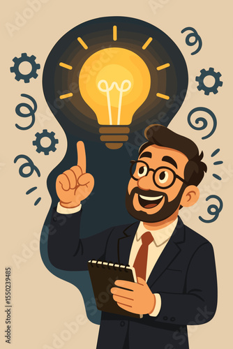 Innovative businessman having a great idea. Happy cartoon man pointing up at a glowing light bulb. Concept of brainstorming, creative solution, inspiration, success, eureka moment.
