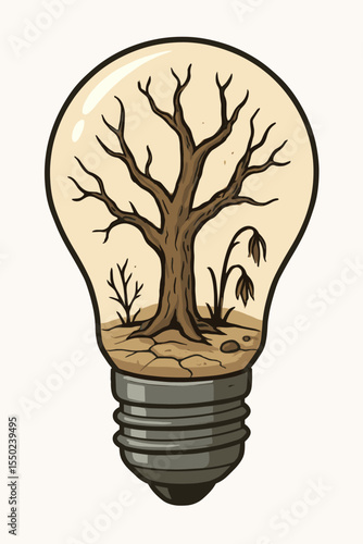 Environment problem lightbulb with dead tree and dry cracked earth inside. Climate change global warming ecology nature crisis concept.