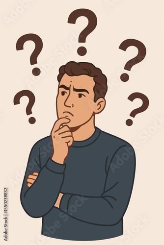 Thoughtful man surrounded by question marks, pondering, decision making, problem solving, searching for creative ideas and answers, confusion, mental process, vector illustration concept