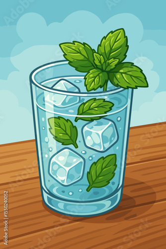 Refreshing cold drink with ice cubes and mint leaves in glass, summer beverage on wooden table, fresh herbal cocktail, chilled water illustration, refreshing minty summer drink concept vector