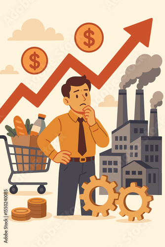 Inflation economic growth concept. Rising consumer prices, increasing production costs, financial market graph, money, shopping, industry, manufacturing, vector illustration. Business finance crisis.