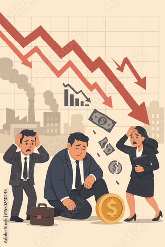 Economic recession crisis, stock market crash, investment losses. Financial downturn concept. Businesspeople stressed by falling profits, collapsing stocks, unstable economy. Vector illustration
