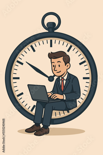 Time management productivity deadline concept. Businessman in suit working on laptop inside giant clock. Cartoon vector illustration. Office efficiency, work prioritization, scheduling, time pressure