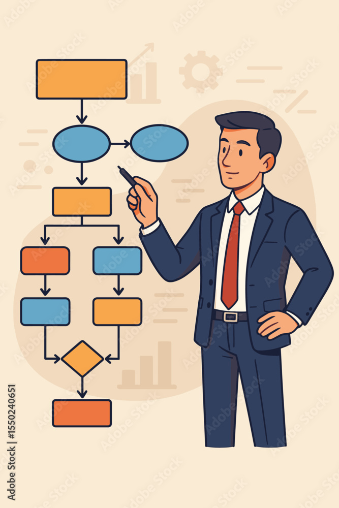 Businessman Drawing Flowchart Diagram for Workflow Management, Process Optimization, Project Strategy, Team Planning, Organizational Structure, Corporate Decision Making, Vector Illustration Businessman Drawing Flowchart Diagram for Workflow Management, Process Optimization, Project Strategy, Team Planning, Organizational Structure, Corporate Decision Making, Vector Illustration