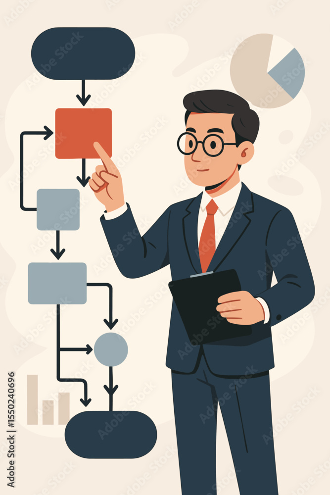 Businessman Analyzing Workflow Process Flowchart for Strategic Planning, Project Management, and Data Analysis. Corporate Cartoon Vector. Diagram Optimization, Decision Making, Business Structure Businessman Analyzing Workflow Process Flowchart for Strategic Planning, Project Management, and Data Analysis. Corporate Cartoon Vector. Diagram Optimization, Decision Making, Business Structure