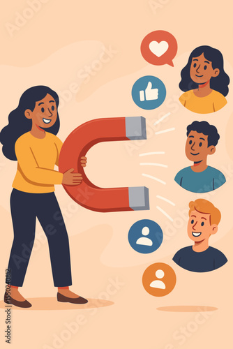 Lead generation magnet concept. Woman attracting new clients, followers and users. Inbound marketing strategy for customer acquisition, social media promotion and user engagement.