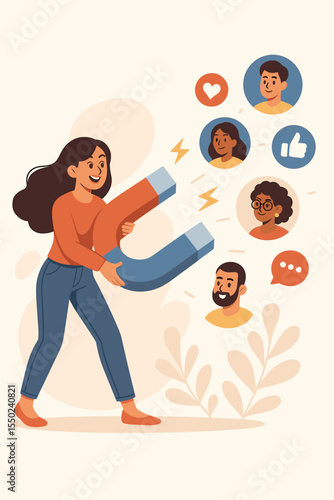 Marketing magnet concept. Woman attracting new clients and followers with a large magnet. Lead generation, customer acquisition, and social media promotion strategy. Vector illustration.
