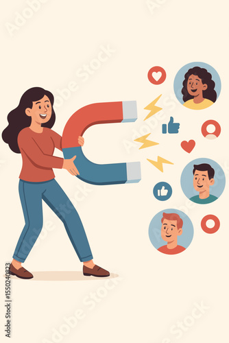 Inbound marketing concept. Business woman using a huge magnet to attract new clients and users on social media. Customer acquisition and lead generation strategy. Vector cartoon.