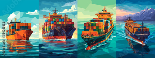 Colorful Low-Poly Container Ships Navigating Calm Waters