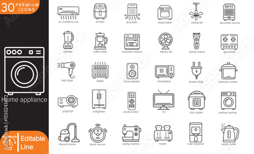 30 Monoline Vector Icons of Home Appliances – Clean Minimal Line Art of Kitchen, Laundry, Air, Entertainment, and Smart Devices for Household UI, Infographics, Stock Illustration, and Product Manuals