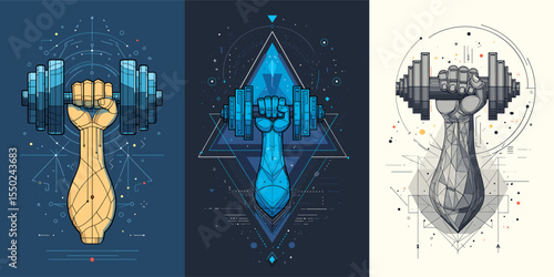 Geometric Vector Art of a Raised Fist Holding Dumbbells