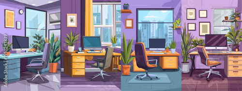 Stylish Vector Office Interiors Featuring Modern Desks and Plants