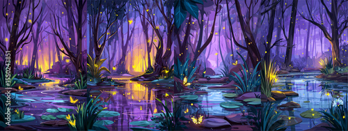 Enchanting Twilight Forest Scene with Mystical Glow and Tranquil Waters