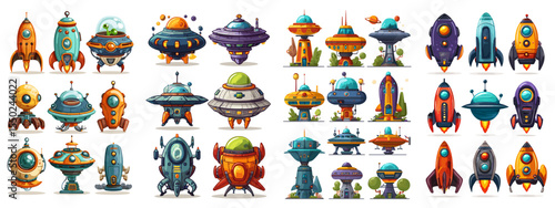 Colorful Collection of Cartoon Spaceships and Flying Saucers in Vector Style