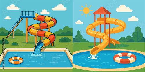 Colorful Water Slides in a Sunny Park Setting