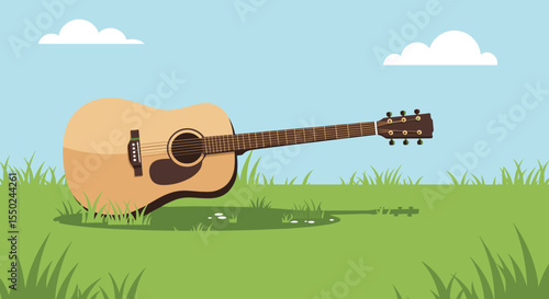 Acoustic guitar resting on grass under blue sky with clouds,  Suitable for outdoor picnics, music events and leisure activities