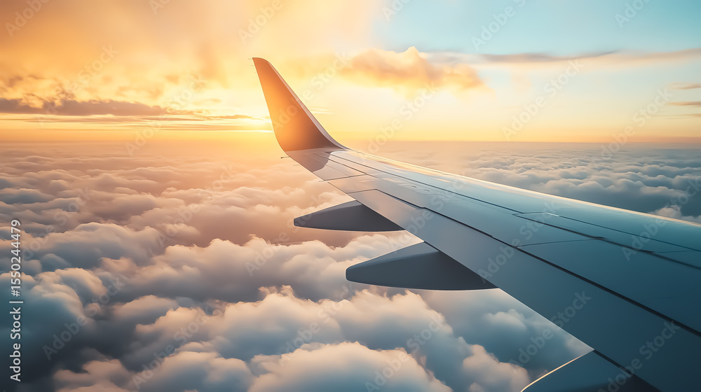Obraz premium Airplane wing above clouds with golden sky, wanderlust feel