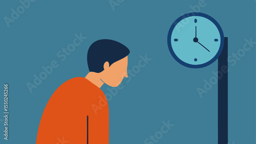 The prisoner looking at a clock on the wall which appears to move slowly capturing the feeling of time dragging as they contemplate their life choices.