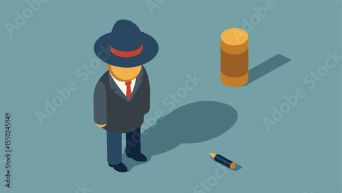 3D Model Illustration A topdown view of a detective focused on a bullet casing marked with a small number indicating its significance within a larger crime scene setup.