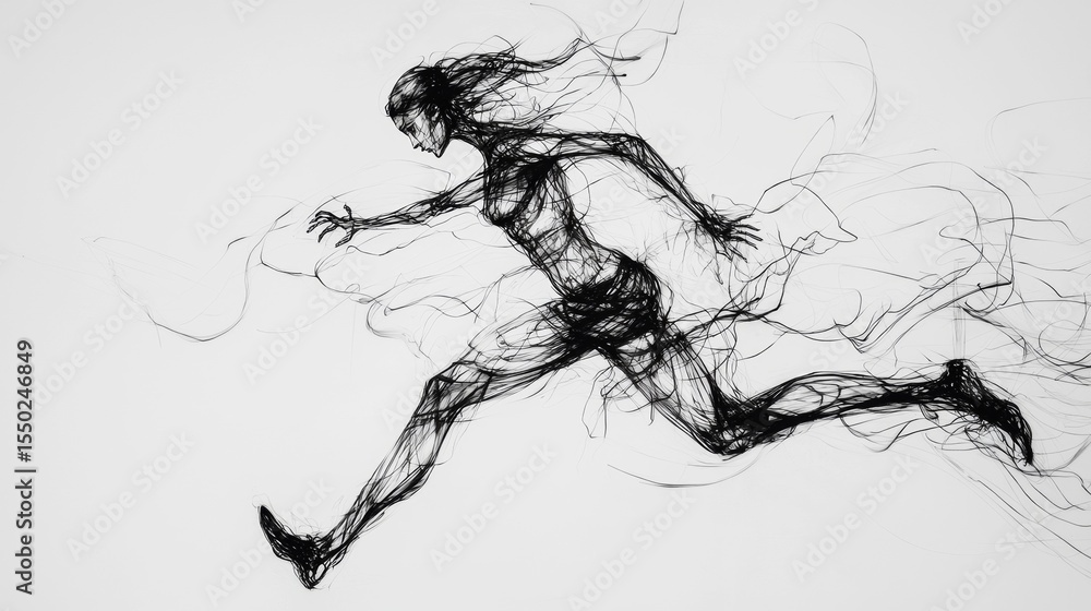 Dynamic figure of a woman running with fluid lines representing motion and energy in a minimalistic artistic style Dynamic figure of a woman running with fluid lines representing motion and energy in a minimalistic artistic style