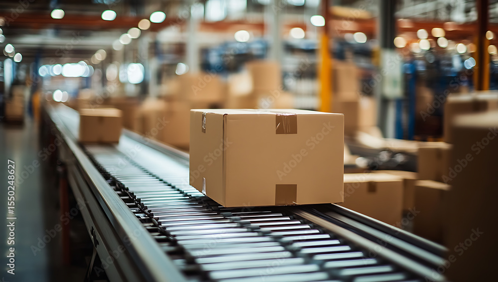 Cardboard box moving along conveyor belt in warehouse environment Cardboard box moving along conveyor belt in warehouse environment
