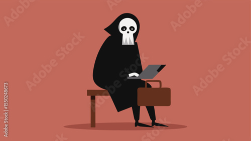 Briefcase Details The Grim Reaper holds a sleek black briefcase on his lap while one skeletal hand nervously fidgets with a pen. The briefcase has a subtle gleam to it indicating