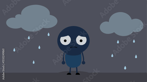 Dark Cloud Overhead An animated figure stands alone beneath a dark heavy cloud raining down. Their eyes are oversized and watery with droopy eyelids that hint at exhaustion. The