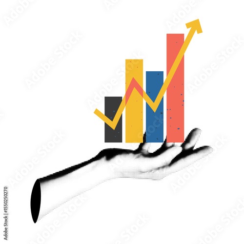 Trendy collage element of business gesture. Halftone hand holding raising arrow chart isolated on transparent background. Modern retro vector illustration for mixed media design
