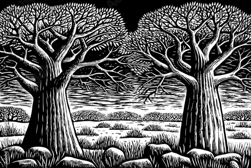 baobab trees with a thick trunk and sparse branches on an African plain, a black and white sketch vector