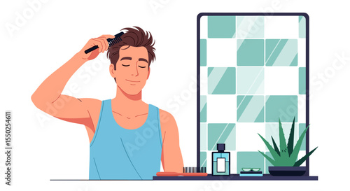 Flat Illustration of Man Combing Hair in Bathroom Daily Routine