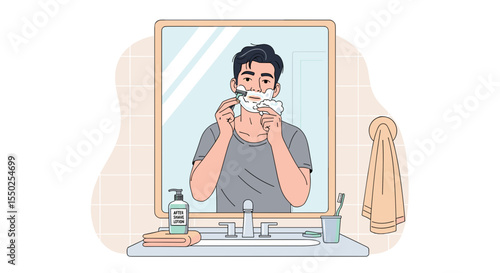 Minimalist Illustration Man Shaving Beard with Foam in Bathroom Scene