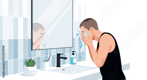 Flat Detailed Man Washing Face in Bathroom Hygiene Illustration