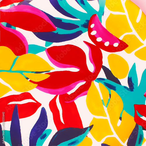 Pattern made with tropical leaves. Colorful background. Summer leaf and plants in vivid colorful colors.