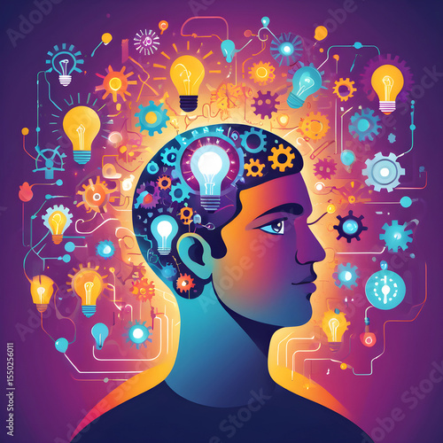Vector illustration of a person with light bulb above their head, surrounded by ideas, gears, and charts, colorful and creative concept of innovation and brainstorming, flat style, no text