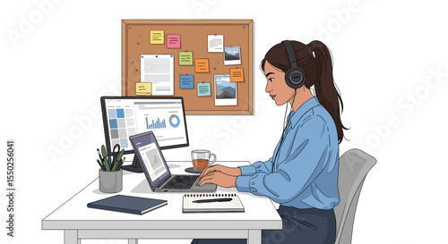 Detailed Handdrawn Young Woman Working At Desk From Home Illustration