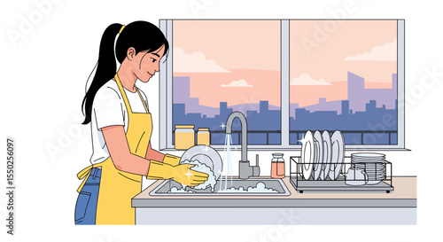Flat Illustration Young Woman Washing Dishes in the Kitchen Sink
