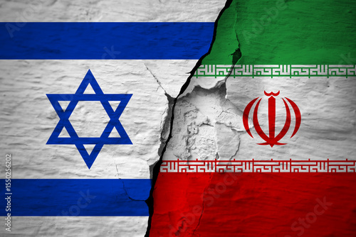 War between the countries. Israel and Iran flags on the cracked concrete wall.  The deterioration of diplomatic relations. Confliction and crisis concept .