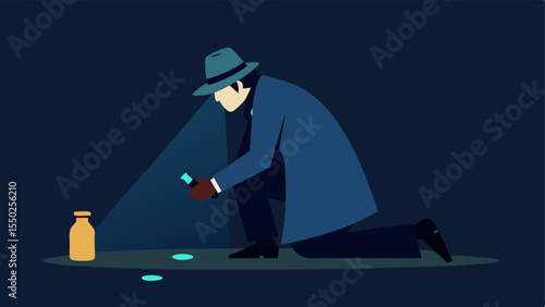 Collecting Evidence The detective kneels next to a discarded objectlike a broken bottleilluminated by the flashlight with small evidence markers p around it.