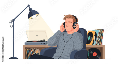 Flat Style Peaceful Man Enjoying Music with Turntable and Headphones Illustration