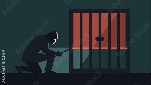 Cell Bars and Shadow A dark prison cell with heavy bars showing a shadowy figure huddled in the corner tinkering with a makeshift lockpick made from a bent s.