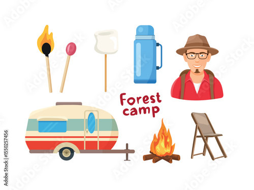 Camping, Forest travel. Flat vector clipart, illustration with isolated background.