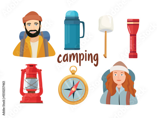 Camping, Forest travel. Flat vector clipart, illustration with isolated background.