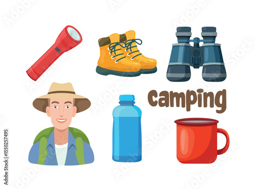 Camping, Forest travel. Flat vector clipart, illustration with isolated background.