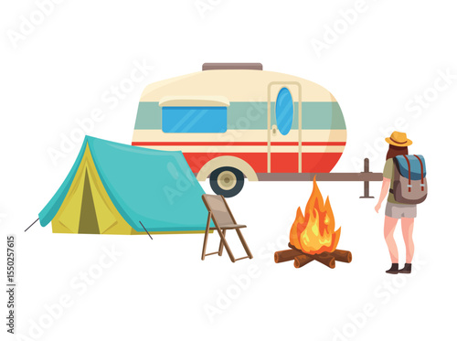 Camping, Forest travel. Flat vector clipart, illustration with isolated background.