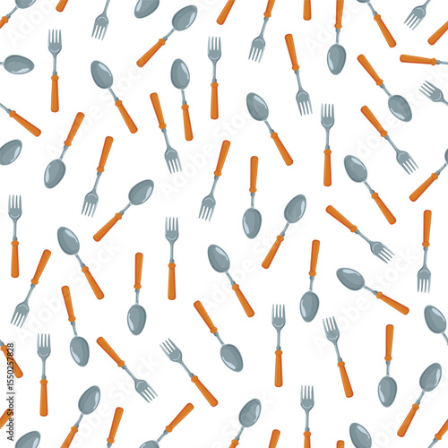 Fork and spoon seamless pattern. Flat vector clipart, illustration with isolated background.