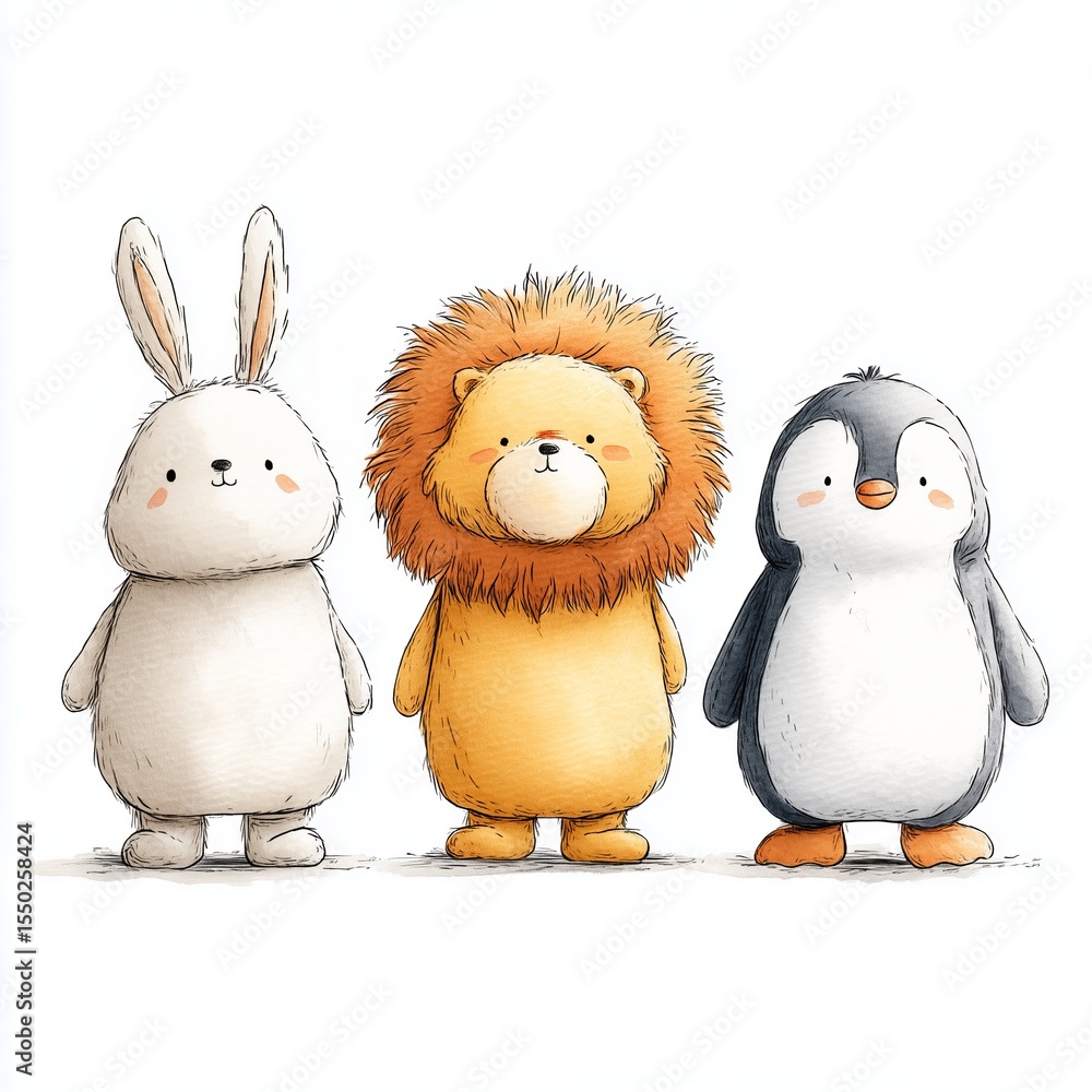 Fototapeta premium Cartoon animals featuring rabbit, lion and penguin standing together on white background