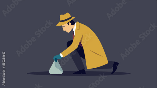 Collecting Evidence The detective kneels on the ground carefully placing a piece of evidence into a plastic bag his trench coat spread around him.