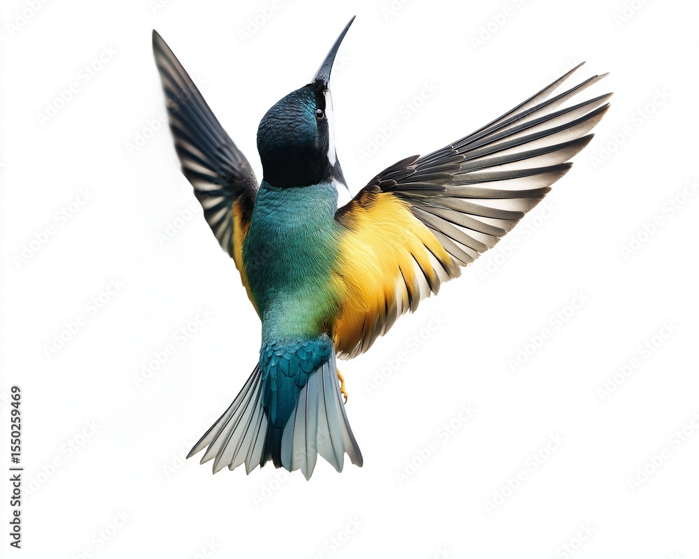 Fototapeta premium Colorful european bee-eater bird flaps its wings and takes flight against white background
